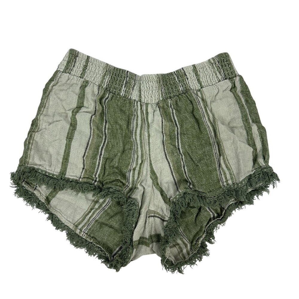 Vanilla Star Striped Linen Blend Fringe Trim Shorts Size S Green & White